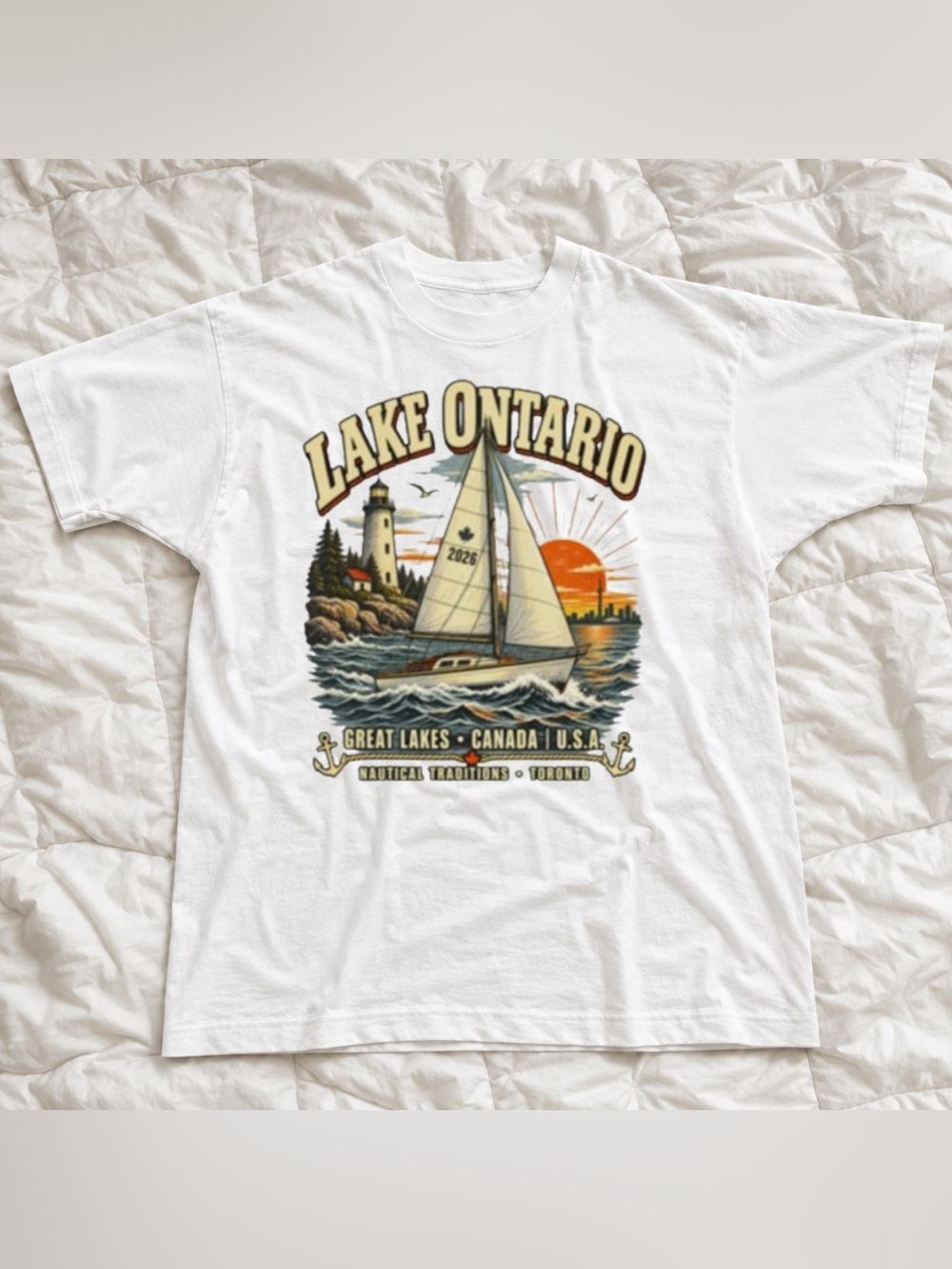 Lake Ontario White Graphic Sailboat T‑Shirt - Vintage Outdoor Style For Unisex